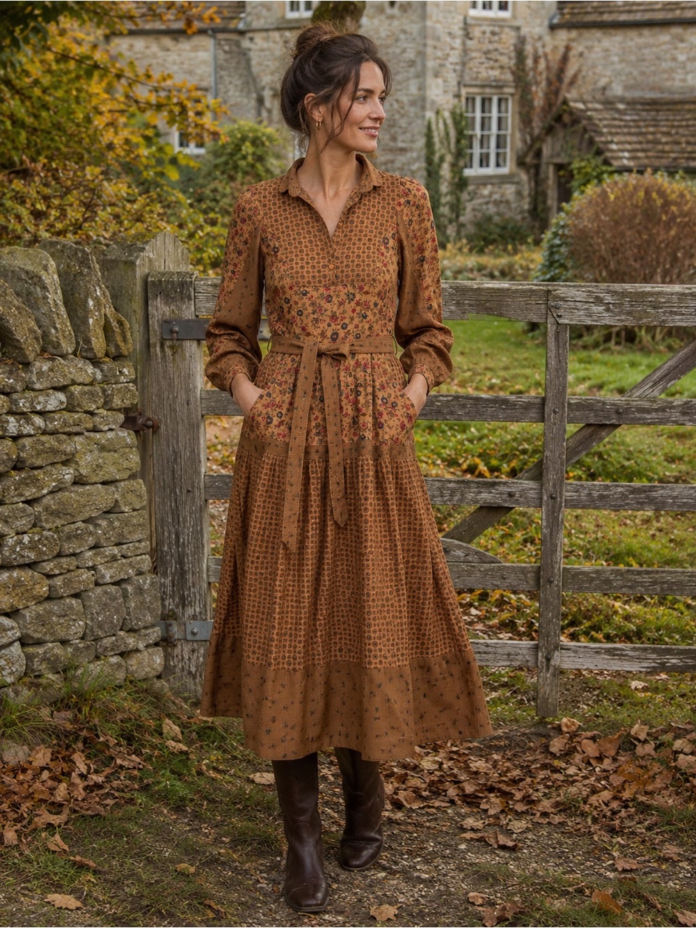 Vintage 70s Saint Clair Paris Prairie Floral Midi Dress Belted Cottagecore 38